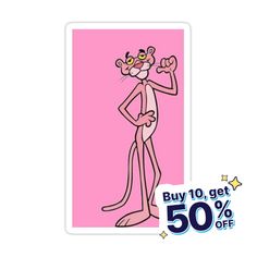 a pink sticker with an image of a cartoon character