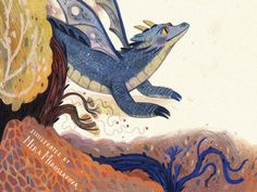 an illustration of a blue dragon flying over a tree with its wings spread out and it's mouth open