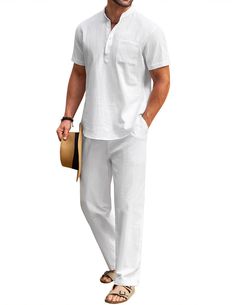 PRICES MAY VARY. 【Premium Cotton Fabric】-- Men's 2 piece cotton linen set are made of great fabric, lightweight, breathable and soft touch, moisture-wicking. This beach linen outfits signals the start of holiday! Make sure add this linen 2 piece outfits to your wardrobe for summer look. 【Casual 2 Piece Outfits】-- Men's henley shirts featuring with stand collar, button closure, short sleeve with chest pocket, simple style, solid color, slim fit, rounded hem. The loose fit beach pants features ela Men’s European Summer Outfit, Linen Wedding Outfit, White Linen Outfit For Men, Men Linen Outfit Summer, Linen Outfits For Men, Linen Outfit Men, Summer Outfits Men Beach, White Linen Outfit, Vacation Outfits Men