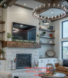 a living room filled with furniture and a flat screen tv mounted on the wall above a fire place