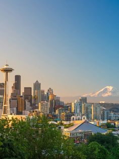 the seattle skyline with mt rainier in the background