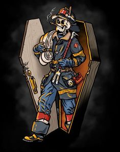 a skeleton dressed as a firefighter standing in front of an open chest with tools