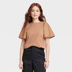 Women's KTW Puff Elbow Sleeve T-Shirt - A New Day™ Brown XL Office Puff Sleeve Top With Pleated Sleeves, Pleated Short Sleeve Tops For Daywear, Relaxed Fit Short Sleeve Puff Sleeve Top For Fall, Fall Relaxed Fit Short Sleeve Puff Sleeve Top, Fall Puff Sleeve Top With Relaxed Fit, Fall Relaxed Fit Puff Sleeve Top With Short Sleeves, Fall Short Sleeve Office Tops, Trendy Relaxed Fit Puff Sleeve Top For Work, Office Tops With Gathered Sleeves