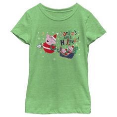 Celebrate the holiday season in officially licensed apparel for the whole family from the long-running British animated children's series Peppa Pig! Join Peppa and her family and friends for adventures, friendships, learning, and more, with this cute Peppa Pig Christmas Santa's Little Helpers Girls' Graphic T-Shirt. This tee features Peppa and George inside a snow sled with Daddy Pig in from of them and the phrase: "Santa's Little Helpers." Get your very own Peppa Pig tee today and get in on the Cotton Top With Character Print For Holidays, Holiday Cotton Tops With Character Print, Playful Cotton Holiday Tops, Playful Cotton Tops For The Holiday Season, Holiday Cotton Top With Character Print, Playful Cotton Christmas Top, Holiday Crew Neck Top With Character Print, Peppa Pig Birthday Shirts For Family, Peppa Pig Embroidery Designs