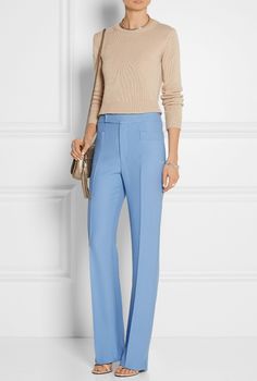 Pale Blue Pants Outfit Women, Light Blue Pants Work Outfit Women, Light Blue Business Casual Outfits, Periwinkle Pants Outfit, Light Blue Beige Outfit, What To Wear With Light Blue Pants, Light Blue Pants Outfit Work, Light Blue Dress Pants Outfit, Light Blue Trouser Outfit Women