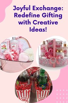 a pink box filled with lots of different items and the words joyful exchange redefine gifting with creative ideas