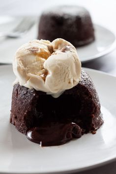 a chocolate lava cake with ice cream on top