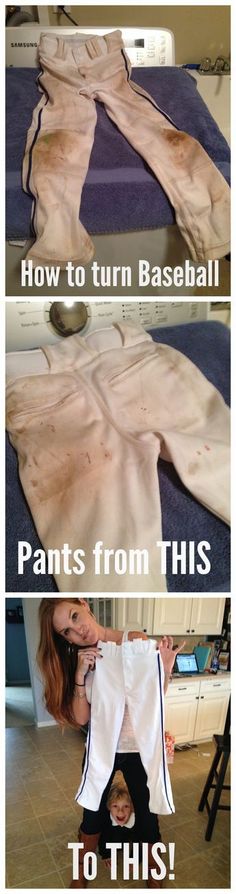 two pictures showing how to turn an old baseball jersey into pants