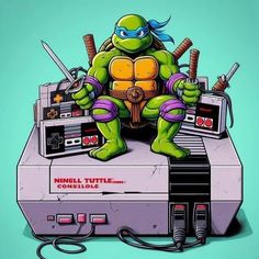 a teenage mutant sitting on top of an old nintendo game console with two swords in his hand