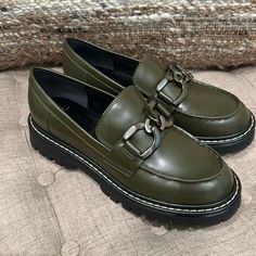 Never Worn Just Tried On. Tag Still On Olive Loafers Outfit, Green Office Loafers For Fall, Green Round Toe Moccasins For Work, Fall Lug Sole Flat Loafers, Chic Platform Loafers For Fall, Fall Flat Loafers With Lug Sole, Green Loafers For Fall Workwear, Green Flat Loafers For Workwear, Lug Loafers