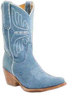 Western Denim Boots With Round Toe, Denim Summer Boots, Fitted Denim Summer Boots, Fitted Denim Boots For Summer, Western Denim Boots, Western Style Denim Blue Boots With Round Toe, Western Boots With Round Toe In Denim Blue, Denim Blue Western Boots With Round Toe, Casual Denim Summer Boots