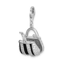 Sterling Silver Amore La Vita Rhodium-plated Enameled CZ Handbag CharmSterling, at over 92% silver, is quite pure. Perhaps this metals most remarkable attribute is the way it ages. Silver patinas so beautifully that designers often exaggerate the quality, incorporating recesses protected from the natural polishing of everyday wear and even pre-oxidizing the surface.Designed with YOU in mind: Using our years of experience providing the top quality jewelry through our stores in Northern Florida, w Enamel Plate, Handbag Charms, Magnetic Bracelet, Lady Dior Bag, Cz Stone, Black Enamel, Quality Jewelry, Rhodium Plated, Lobster Clasp