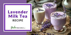 lavender milk tea recipe in three glasses