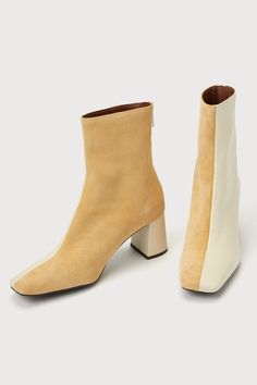 The Intentionally Blank Tabatha Cream Combo Suede Leather Two-Tone Booties are ready to be your go-to boots this season! These trendy two-tone boots will make any look instantly chic with their genuine soft suede and smooth leather construction that shapes a slightly tapered, square-toe upper and a 6.25" mid-shaft (with a 10.5" circumference). Keep styling simple with the 5.75" zipper at the back that allows for a easy on-and-off! Available in Euro sizes only. Cream Ankle Boots, Shifting Closet, Two Tone Boots, Cold Weather Shoes, Intentionally Blank, Tapered Square, Square Toe Boots, Mid Calf Boots, Shoes Booties