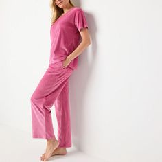 Drift off to dreamland in style in this Jaclyn women's 2-piece pajama set. Made from soft velour, it includes a round neck short-sleeve shirt and matching elastic-waist pants complete with two side slip pockets. # Pieces In Set: 21st Piece Description: Top1st Piece Collar: Round Collar1st Piece Apparel Length: 29 Inches1st Piece Fabric: Velour1st Piece Fiber Content: 95% Polyester, 5% Spandex1st Piece Care: Machine Wash2nd Piece Description: Pants2nd Piece Closure Type: Full Elastic2nd Piece In… Elastic Waist Pants, Pajama Sets, Waist Pants, Short Sleeve Shirt, 2 Piece, Pajama Set, Sleeve Shirt, Elastic Waist, Round Neck