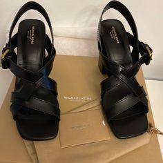 New Michael Kors Collection Sandals. Leather. Color Black. Size 9.5. Designer Square Toe Sandals With Buckle, Designer Square Toe Sandals With Buckle Closure, Black Calf Leather Sandals With Ankle Strap, Designer Sandals With Buckle Closure And Square Toe, Black Square Toe Calf Leather Sandals, Black Sandals With Leather Lining And Ankle Strap, Black Sandals With Ankle Strap And Leather Lining, Black Ankle Strap Sandals With Leather Lining, Designer Sandals With Square Toe And Branded Heel