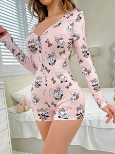 Women Rabbit Pattern Romper Pajamas Baby Pink Casual-Young  Long Sleeve Knitted Fabric Animal  High Stretch All,Fall/Winter Women Sleep & Lounge, size features are:Bust: ,Length: ,Sleeve Length: Romper Pajamas, Camilla Mendes, Cute Pajama Sets, Rabbit Pattern, Pattern Romper, Pajama Romper, Cute Pajamas, Printed Rompers, Kids Sleepwear