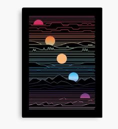 an abstract sunset with mountains and hills in the background canvas print on black paper, wall art