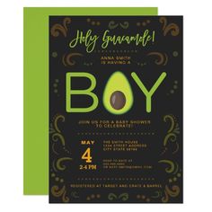 an avocado baby shower is shown with the word boy in green on it