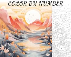 an adult coloring book with the title color by number, featuring a river and mountains