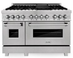 a stainless steel oven with four burners and two doors on the front, side by side