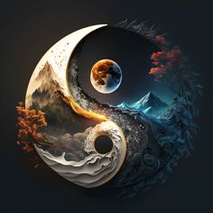 the yin symbol is made up of mountains and trees, with an orange moon in the center