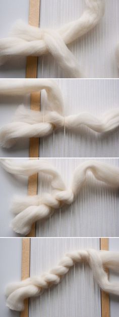 two pictures show the process of weaving white yarn