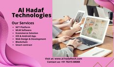 two people sitting at a table with laptops in front of them and the words al hadaf technologies