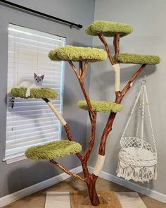 a cat tree that is in the corner of a room with a hammock hanging from it