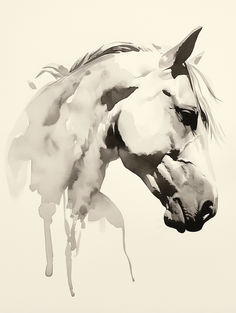 a black and white photo of a horse's head with watercolor stains on it