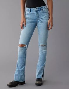 AE Next Level High-Waisted Ripped Skinny Kick Jean Ripped Fitted Flare Jeans, Fitted Flare Ripped Bottoms, Stretch Ripped Flare Bottoms, Ripped Flare Bottoms For Fall, Ripped Flare Full Length Jeans, Fall Fitted Ripped Flare Jeans, Fitted Flare Bottoms With Frayed Hem, Edgy Stretch Mid-rise Flare Jeans, Edgy Fitted Flare Jeans For Fall