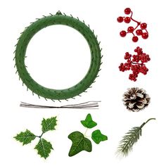 various christmas decorations including holly, pine cones and other holiday decorating items are arranged on a white background