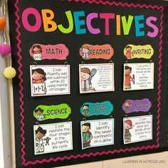 a bulletin board with different types of objects and words on it that say objectives