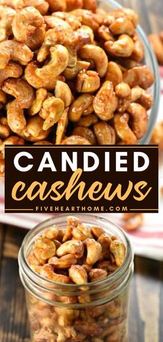 Candied Cashews, new year's eve food, party food Carmel Cashew Candy, Candy Cashews Recipes, Sweetgreen Spicy Cashew Dressing Recipe, Candied Cashews Recipes, Candy Cashews, Snack Dip Recipes, Spicy Walnuts