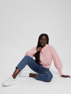 Fuzzy sweater Mock neckline Long balloon sleeves with dropped shoulders Pull-on design Yarn 71% Nylon, 29% Acrylic Pink Chunky Knit Crew Neck Sweater, Cozy Pink Long Sleeve Cropped Sweater, Cozy Pink Relaxed Fit Sweater, Pink Fuzzy Sweater, Cozy Pink V-neck Sweater, Long Balloons, Fuzzy Sweater, Bishop Sleeve, Mock Neckline