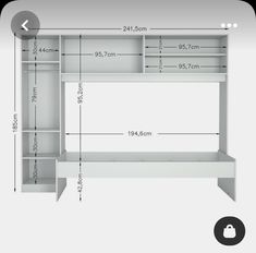 a white desk with shelves and measurements for the top shelf, bottom shelf and bottom shelf