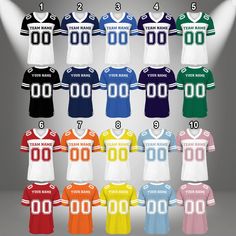 an image of soccer uniforms from the 1970's to present in different colors and sizes