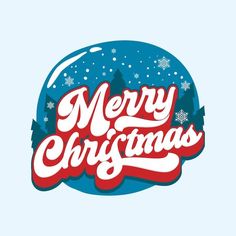 merry christmas lettering on a blue background with snowflakes and trees in the background