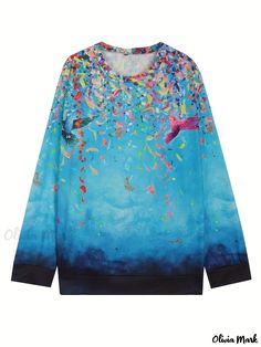 Olivia Mark - Marble Print Pullover Sweatshirt, Casual Long Sleeve Crew Neck Sweatshirt For Fall & Winter, Women's Clothing Multicolor Crew Neck T-shirt For Winter, Winter Blue Printed Tops, Multicolor Long Sleeve T-shirt For Winter, Winter Multicolor Crew Neck T-shirt, Plus Size Sweatshirt, Sweatshirt For Women, Floral Sleeve, Marble Print, Pullover Designs