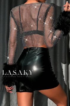 Lasaky - Elegant Patchwork Crystal Embellished Sheer Feathers O Neck Blouse Glamorous Mesh Top For Party In Fall, Glamorous Mesh Top For Fall Party, Glamorous Fall Party Mesh Top, Chic Embellished Tops For Club, Fitted Mesh Top For Winter Parties, Elegant Sequined Tops For Club, Glamorous Fall Tops With Rhinestones, Black Mesh Top For Party Season, Black Mesh Top For Winter Party