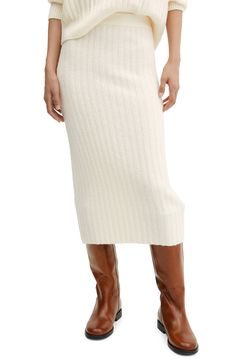 Sumptuous and stretchy, this midi-length sweater-skirt knit with soft ribbing will be the one you reach for when temperatures dip. Pull-on style Unlined 50% acrylic, 44% polyester, 5% wool, 1% elastane Hand wash, line dry Imported Midi Sweater Skirt, Mango Outlet, Knit Midi Skirt, Neutral Fashion, Knit Midi, Mixing Fabrics, Sweater Set, Ballerina Flats, Women Skirts Midi