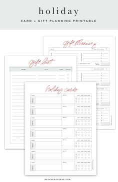 the holiday gift planning printable is shown in three different colors and font, along with two