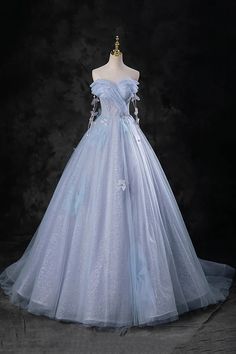 Cinderella Inspired Dress Prom, Ethereal Prom Dress Elegant, Blue Princess Dress Aesthetic, Blue Fairytale Dress, Blue Gowns Elegant, Over The Top Dresses, Blue Ball Gown Prom Dresses, Ethereal Prom Dress, Light Blue Prom Dresses