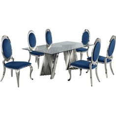 a glass dining table with blue chairs and chrome based furniture on an isolated white background