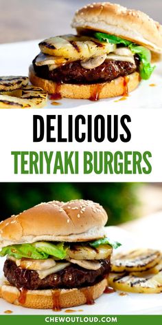 two pictures with the words delicious and teriyaki burgers on them in front of an image of grilled hamburgers