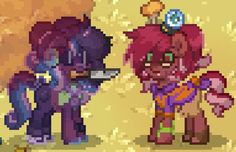 two different colored ponys standing next to each other on a yellow background with gold flakes