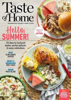 the cover of taste of home magazine with two plates of food and drinks on it