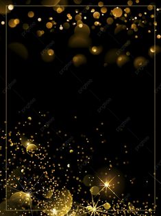 gold sparkles and stars on a black background with a square frame for the text