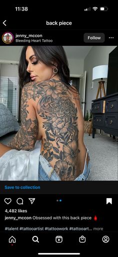 a woman with tattoos on her back and chest