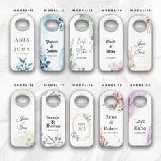 the wedding door hangers are all different colors and designs, with names on them